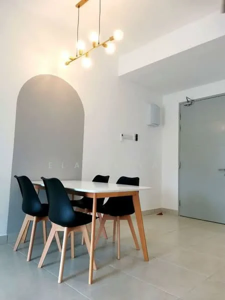 Dining features: white walls, grey accent wall, tile flooring, 4-seater dining table, black dining chairs with wooden legs, pendant light fixture, wall-mounted air conditioning unit, door with handle; style: modern.