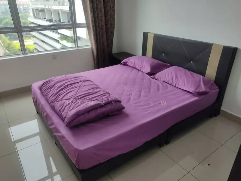 Bedroom features: queen-size bed with upholstered headboard, purple bedding, two purple pillows, nightstand, floor-to-ceiling windows, curtains, glossy tile flooring, white painted walls; style: modern; view: city.