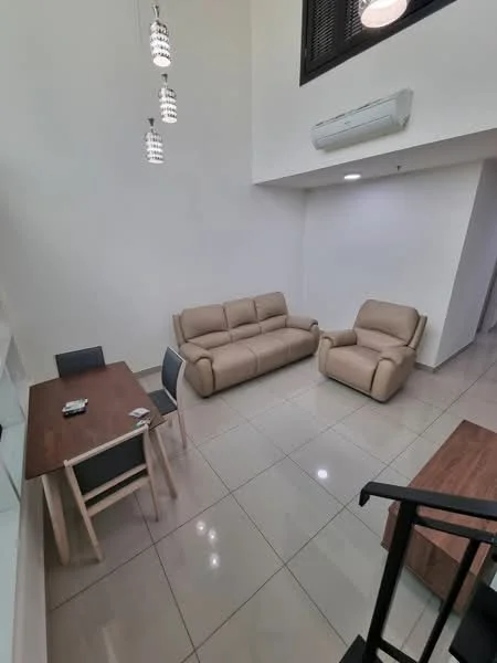 Living features: 3-seater fabric sofa in beige, single armchair in beige, wooden dining table, 4 dining chairs, wall-mounted split AC, recessed downlights, glossy tile flooring, high ceiling, large windows, decorative pendant lights; style: modern.