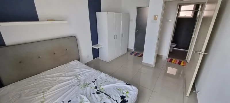 Bedroom features: queen-size bed with floral bedding, upholstered headboard, white painted walls, dark blue accent wall, glossy tile flooring, built-in wardrobe with white doors, nightstand attached to wall, door leading to bathroom, door leading to hallway, colorful striped rug; style: modern.