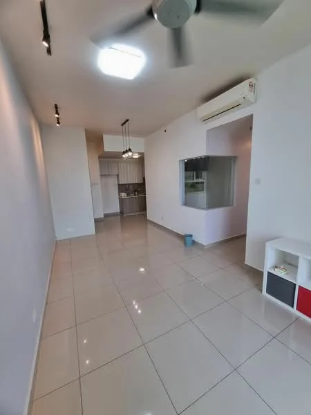 Living features: white painted walls, glossy ceramic tile flooring, 5-blade ceiling fan, recessed downlights, air conditioning unit, open layout, large window, built-in shelving unit, kitchen area visible in background; style: modern.