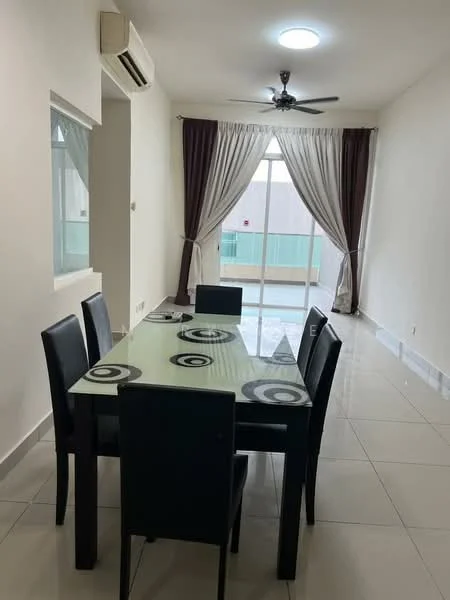 Dining features: glass dining table with circular patterns, black dining chairs, white painted walls, sliding glass door leading to balcony, floor-to-ceiling windows, curtains in light and dark colors, recessed ceiling lights, wall-mounted split AC, glossy tile flooring, ceiling fan with light; style: modern.