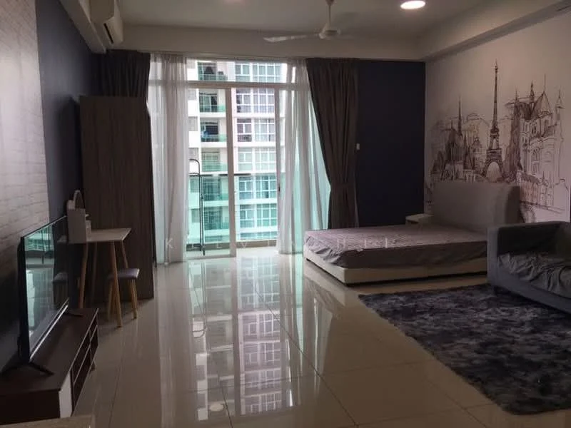 Living features: grey fabric sofa, queen-size bed with mattress, TV console with storage, wall-mounted TV, floor-to-ceiling windows, sheer curtains, recessed downlights, ceiling fan, polished tile flooring, decorative wall with city skyline, area rug with geometric pattern, wooden dining table with chairs; style: modern; view: city.