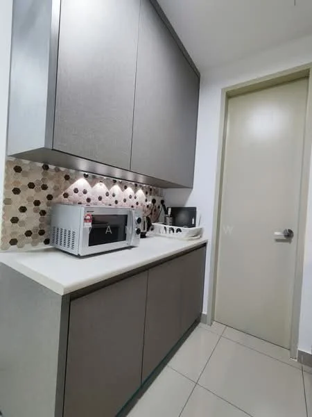 Kitchen features: grey cabinetry, white countertop, microwave, kettle, toaster, backlit backsplash with circular pattern, recessed lighting, tile flooring, door leading to another room; style: modern.