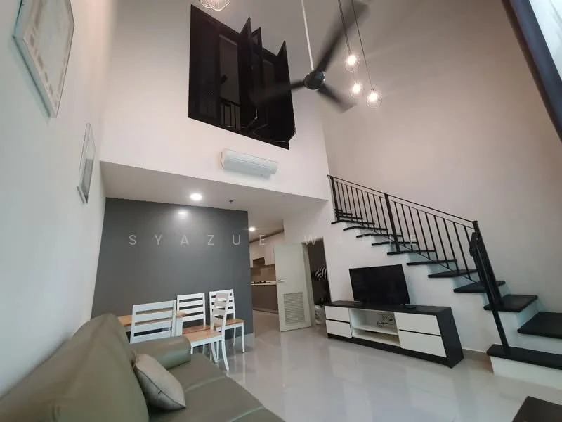 Living features: cream painted walls, white ceiling, 5-blade ceiling fan with light, large windows, black metal railing staircase, white tiled flooring, sofa in beige, wooden coffee table, TV console with storage, wall-mounted TV, dining table with white chairs; style: modern.