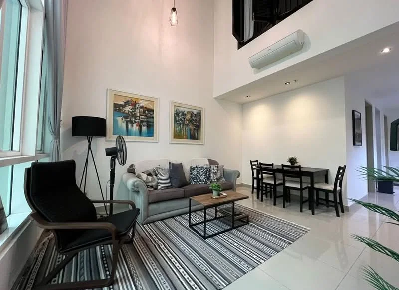 Living features: light grey fabric sofa, black accent chair, wood coffee table, area rug with geometric pattern, wall-mounted air conditioning unit, floor-to-ceiling windows, sheer curtains, framed artwork on walls, ceiling light fixture, black floor lamp; style: modern. Dining features: 4-seater dining table, black dining chairs, minimalist decor, white walls, recessed lighting; style: modern.