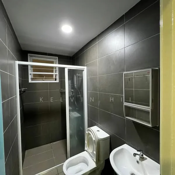 Bathroom features: grey ceramic tile walls, light grey ceramic tile flooring, walk-in shower with glass enclosure, rain shower head, chrome basin mixer faucet, one-piece toilet, white pedestal sink, mirror with frame, window with louvered design, recessed LED downlights; style: modern.