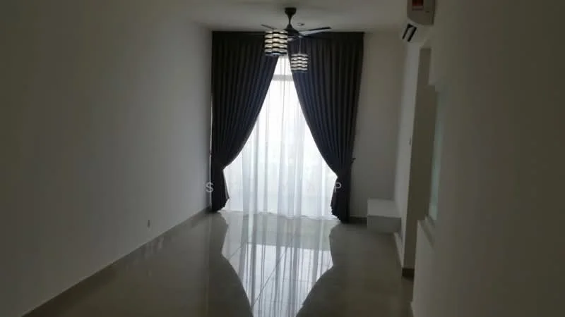 Room features: white painted walls, polished marble flooring, floor-to-ceiling windows, sheer curtains, blackout curtains, 5-blade ceiling fan with light, air conditioning unit on wall; style: modern.