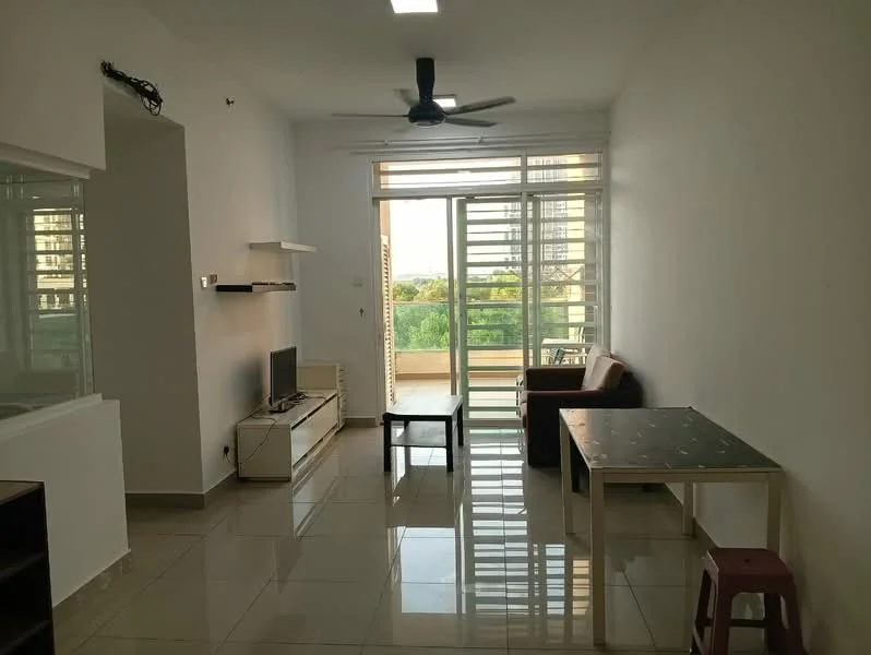 Living features: white painted walls, glossy tile flooring, 5-blade ceiling fan with light, floor-to-ceiling windows, sliding glass door, brown fabric sofa, TV console, wall-mounted TV, coffee table, dining table with chairs, stool, decorative shelving unit; style: modern; view: garden.