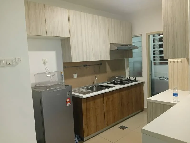 Kitchen features: light wood cabinetry, dark wood lower cabinets, white countertop, double-bowl stainless-steel sink, chrome pull-down faucet, built-in gas hob, stainless-steel range hood, refrigerator, tile backsplash, neutral tile flooring, window for natural light, wall-mounted cabinets; style: modern.