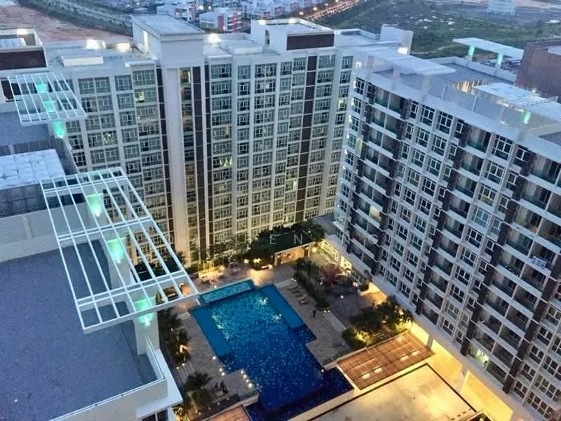 Exterior type: high-rise condominium; features: glass curtain wall, recessed balconies, infinity pool, pool deck with loungers, landscaped garden area, multiple storeys, surrounded by urban development, night lighting, view of city skyline; style: modern.