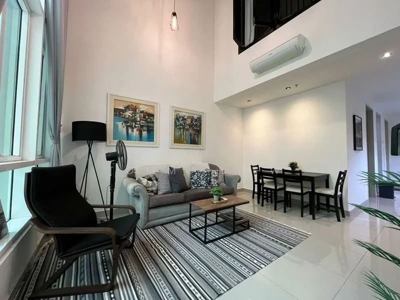 Living features: 3-seater fabric sofa in light grey, black floor lamp, wood coffee table, area rug with geometric pattern, wall-mounted air conditioning unit, pendant light fixture, framed artwork on walls, large windows with sheer curtains, dining table with 4 black chairs, white walls, glossy tile flooring; style: modern.