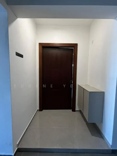 Room features: white painted walls, grey tile flooring, wooden door, built-in cabinet, ceiling light fixture; style: modern.