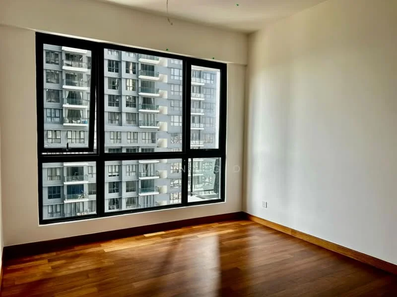 Room features: large floor-to-ceiling windows, wooden flooring, white painted walls, natural light from windows, view of neighboring building, minimalist design, no visible furniture, neutral color palette; style: modern; view: city.