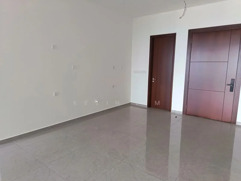 Room features: white painted walls, marble tile flooring, two wooden doors, ceiling with exposed wiring, no visible windows, empty space; style: modern.