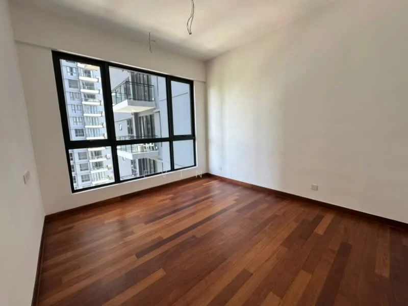 Room features: wooden flooring, white painted walls, floor-to-ceiling windows, city view, no visible ceiling fixtures, no visible furniture; style: modern; view: city.