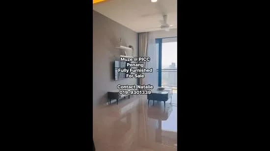Room features: grey painted walls, large windows with city view, floor-to-ceiling windows, polished tile flooring, ceiling fan, minimalist decor, sofa, coffee table, TV mounted on wall, curtains; style: modern; view: city.