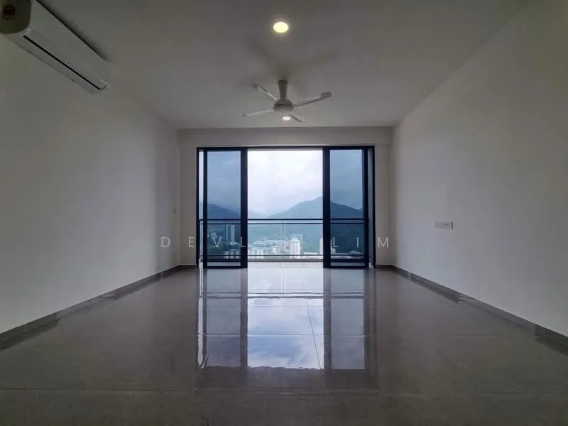 Living features: large floor-to-ceiling windows, sliding glass door, grey marble flooring, white painted walls, 5-blade ceiling fan with light, mountain view, recessed downlights; style: modern; view: mountain.
