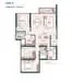 Floor plan: 3-bedroom 2-bathroom unit; features: open-plan kitchen-dining-living, master bedroom with ensuite bathroom, bedroom 2 with shared bathroom, balcony off living room, utility room, laundry area, central foyer, 2 car porch.