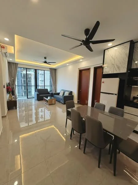 Living features: grey fabric sofa, 3-seater sofa, coffee table, dining table for 6, marble tile flooring, recessed LED downlights, ceiling with cove lighting, floor-to-ceiling windows, sliding glass door, curtains, wall-mounted TV, built-in cabinetry, air conditioning unit; style: modern; view: city.