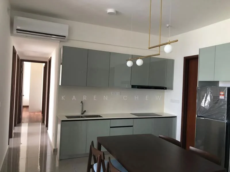 Kitchen features: light grey flat-panel cabinets, white quartz countertop, double-bowl stainless-steel sink, chrome pull-down faucet, built-in oven, stainless-steel fridge, pendant lighting with white globes, wall-mounted split AC, ceramic tile flooring, recessed downlights; style: modern. Room features: wood flooring, doorway leading to hallway.