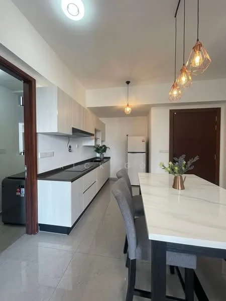 Kitchen features: white cabinetry with flat-panel doors, marble countertop, stainless-steel fridge, built-in oven, 4-burner gas hob, single-bowl stainless-steel sink, chrome pull-down faucet, pendant lighting, grey upholstered dining chairs, open layout, ceramic tile flooring, recessed ceiling lights; style: modern.