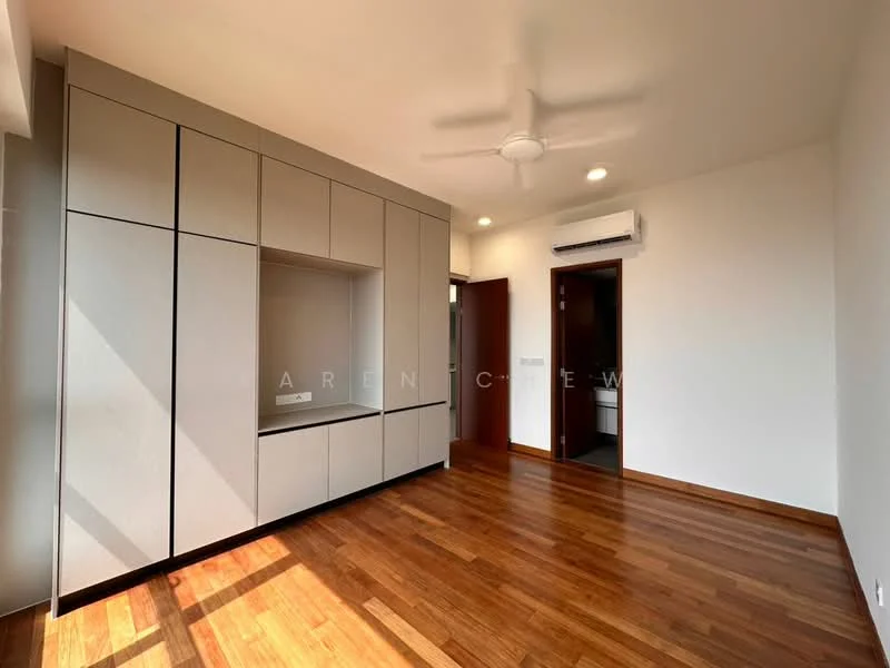 Room features: wooden flooring, light grey cabinetry, built-in storage unit, ceiling fan, wall-mounted air conditioning unit, neutral painted walls, doorway leading to another room, large window allowing natural light; style: modern.
