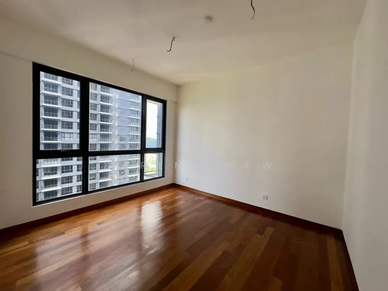 Room features: wooden flooring, white painted walls, floor-to-ceiling windows, city view, no visible ceiling fixtures, no visible furniture; style: modern; view: city.