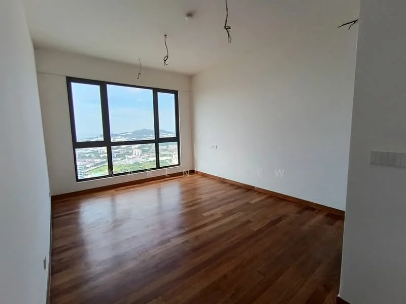 Room features: large floor-to-ceiling windows, wooden flooring, white painted walls, no visible ceiling fixtures, unfurnished space, city view, natural light from windows; style: modern; view: city.