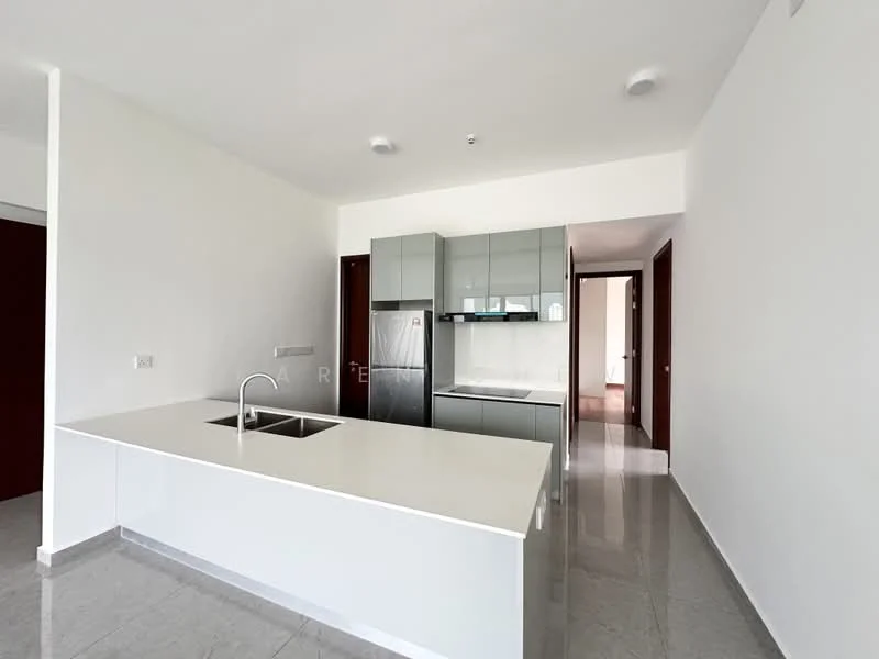 Kitchen features: white quartz countertop, grey flat-panel cabinets, stainless-steel fridge, double-bowl stainless-steel sink, chrome pull-down faucet, ceramic tile flooring, white painted walls, recessed downlights; style: modern. Room features: doorway leading to living area, doorway leading to hallway.