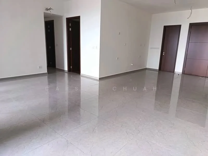Room features: white painted walls, marble tile flooring, recessed downlights, two wooden doors, one door with a handle, one door without a visible handle, corner of the room with no visible features, smooth ceiling.