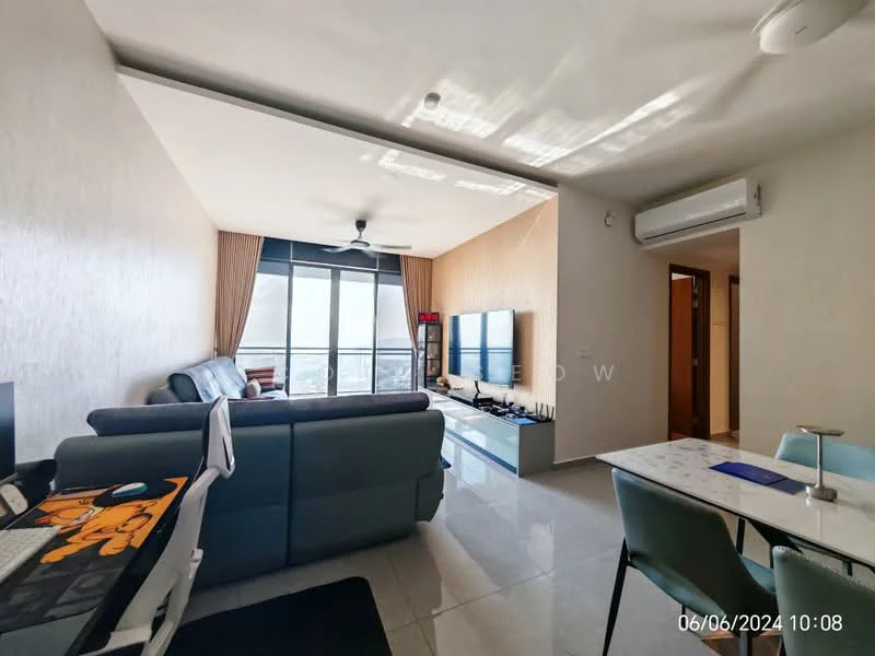 Living features: 3-seater fabric sofa in grey, ceiling fan, wall-mounted TV, TV console, marble tile flooring, floor-to-ceiling windows, sheer curtains, recessed downlights, decorative wall paneling, open layout to dining area; style: modern; view: city. Dining features: 6-seater dining table, upholstered dining chairs, marble-top dining table; style: modern; view: city.