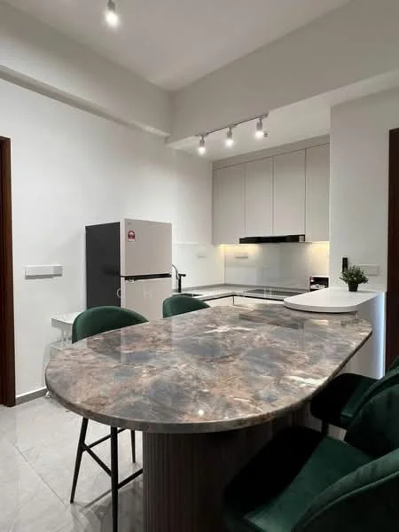 Kitchen features: marble countertop, stainless-steel fridge, built-in oven, white cabinetry, recessed LED downlights, single-bowl stainless-steel sink, chrome pull-down faucet, bar stools, tile flooring, green upholstered chairs, wall-mounted cabinets, open shelving; style: modern.