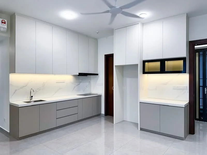 Kitchen features: grey and white cabinetry, marble backsplash, single-bowl stainless-steel sink, chrome pull-down faucet, built-in oven, stainless-steel range hood, 4-burner gas hob, recessed LED downlights, ceiling fan, grey tile flooring, open shelving, countertop with integrated storage; style: modern.