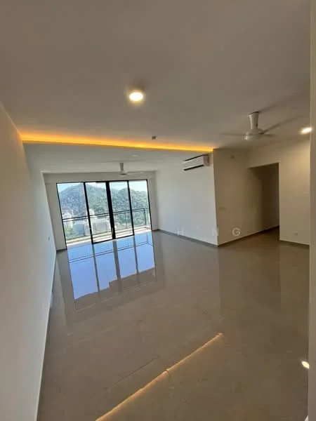 Living features: white painted walls, polished marble flooring, 5-blade ceiling fan with light, recessed LED strip lighting, floor-to-ceiling windows, sliding glass door, mountain view, wall-mounted split AC; style: modern; view: mountain.
