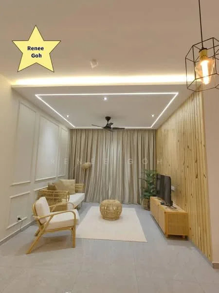 Living features: white painted walls, wood panel accent wall, grey tile flooring, tray ceiling with recessed lighting, 5-blade ceiling fan, large floor-to-ceiling curtains, light-colored area rug, wooden TV console, wall-mounted TV, two white armchairs, decorative plant in pot, hanging pendant light; style: modern.