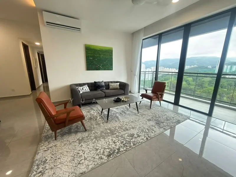 Living features: grey fabric sofa, 2 red leather armchairs, coffee table, area rug with geometric pattern, floor-to-ceiling windows, mountain view, marble tile flooring, 1 wall-mounted split AC, decorative wall art, recessed downlights, ceiling fan; style: modern; view: mountain.