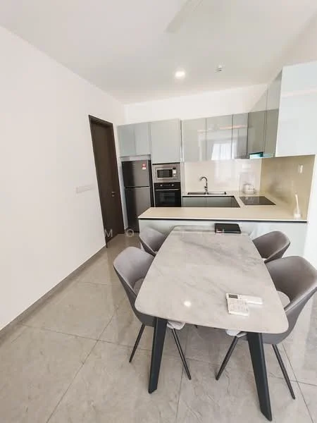 Kitchen features: grey cabinets, white countertop, stainless-steel fridge, built-in oven, ceramic cooktop, single-bowl stainless-steel sink, chrome pull-down faucet, marble dining table, 4 grey upholstered dining chairs, tile flooring, recessed downlights, white painted walls; style: modern.