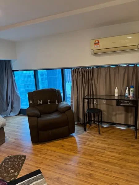 Room features: wooden flooring, floor-to-ceiling windows, grey curtains, air conditioning unit, black desk, black stool, decorative throw blanket, armchair in brown fabric; style: modern; view: city.