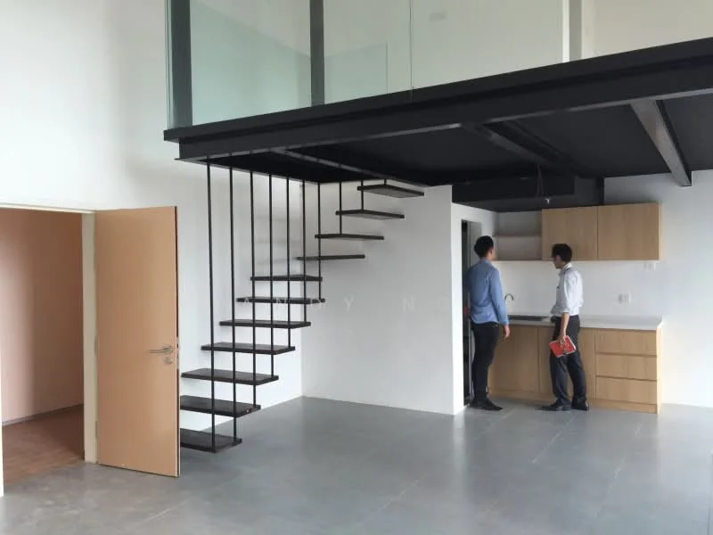 Living features: open-plan layout, grey tile flooring, white painted walls, exposed metal beams, large windows, floating staircase, wooden cabinetry, kitchen area with countertop, recessed lighting; style: modern. Room features: light-colored walls, wooden flooring.