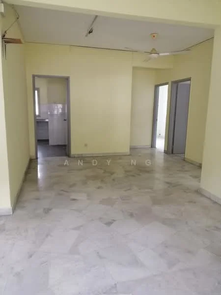 Room features: marble flooring, yellow painted walls, ceiling fan, doorway to kitchen, doorway to two other rooms, natural light from windows, plain ceiling, no visible furniture.