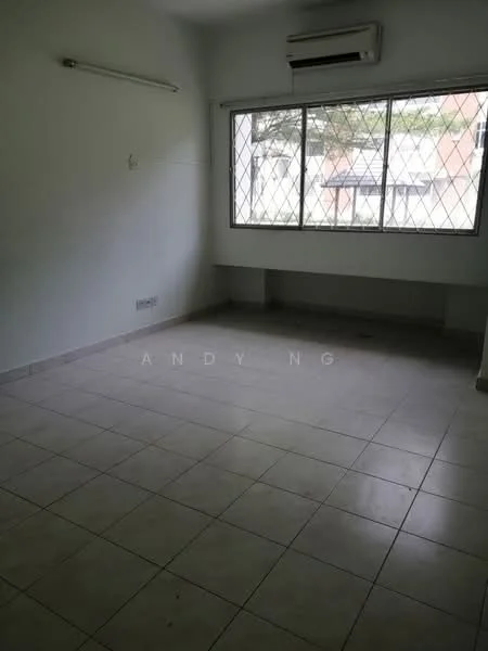 Room features: white painted walls, tile flooring, 1 wall-mounted split AC, large window with security grille, built-in shelf or ledge, neutral color scheme.