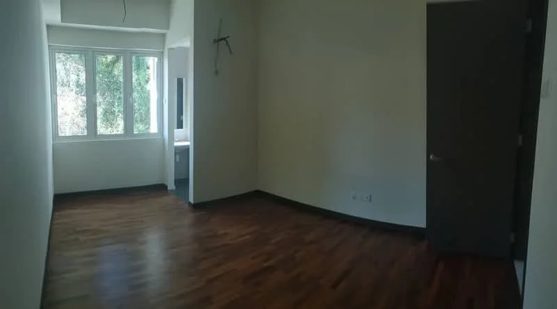 Room features: wooden flooring, white painted walls, large windows, natural light, door, corner space; view: garden.