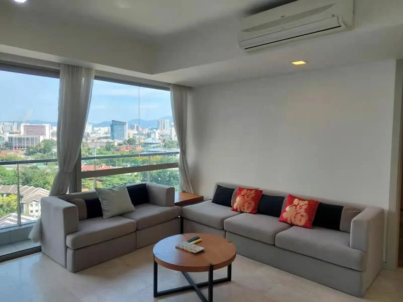 Living features: floor-to-ceiling windows, grey fabric sofa with cushions, wooden coffee table, air conditioning unit, neutral painted walls, light-colored flooring, sheer curtains, city skyline view; style: modern; view: city.