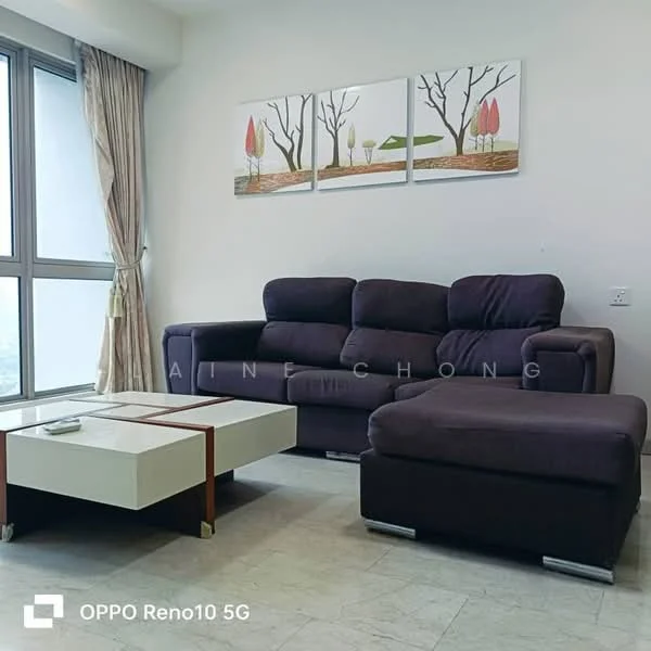 Living features: 3-seater fabric sofa in dark purple, L-shape sectional sofa, coffee table with white top and wooden base, floor-to-ceiling windows, curtains in light beige, decorative wall art with trees, light-colored tiled flooring, neutral wall color; style: modern; view: city.