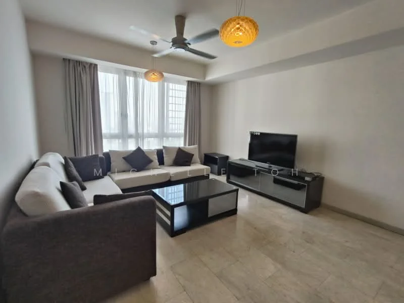 Living features: L-shape sectional sofa in grey, coffee table with glass top, TV console, wall-mounted TV, marble flooring, 5-blade ceiling fan with light, floor-to-ceiling windows with sheer curtains, decorative pendant light; style: modern.