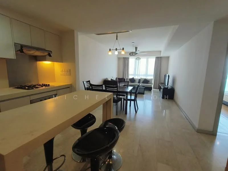 Kitchen features: stainless-steel gas hob, stainless-steel range hood, white cabinetry, light-colored countertop, under-cabinet lighting; style: modern. Dining features: 6-seater dining table, black dining chairs, pendant lighting above table; style: modern. Living features: sofa, coffee table, TV console, wall-mounted TV, floor-to-ceiling windows, curtains, ceiling fan; style: modern; view: city.
