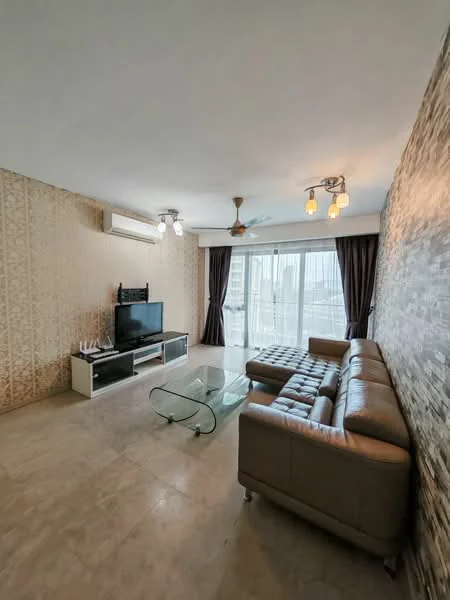 Living features: cream painted walls, exposed brick accent wall, marble tile flooring, 5-blade ceiling fan with light, recessed downlights, sofa in brown leather, glass coffee table, TV console in white, wall-mounted TV, floor-to-ceiling windows, sheer curtains, city view; style: modern; view: city.