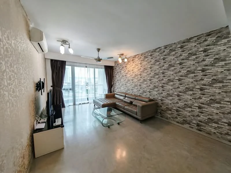 Living features: 3-seater leather sofa in beige, glass coffee table, feature wall with stone cladding, cream painted walls, floor-to-ceiling windows, sheer curtains, 2 ceiling fans with integrated lights, polished concrete flooring, air conditioning unit; style: modern; view: city.