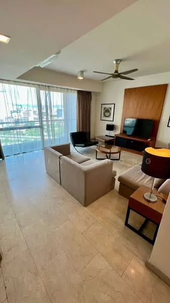 Living features: 3-seater fabric sofa in light beige, 2-seater armchair in black, wooden coffee table, TV console with wall-mounted TV, ceiling fan with light, marble flooring, floor-to-ceiling windows, sheer curtains, decorative wall panel, area rug, wall art; style: modern; view: city.